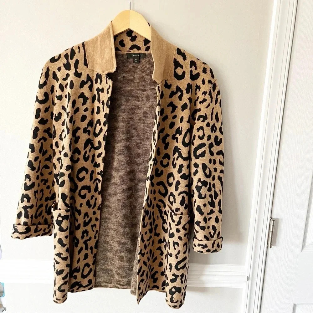 J.Crew Sophie Open-Front Leopard Sweater Blazer Relaxed Fit Wool Blend X-Small - Picture 2 of 9